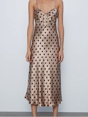 Zara Polka Dot Slip Dress Size M Medium Tan Brown Black Sweetheart Tie Front New